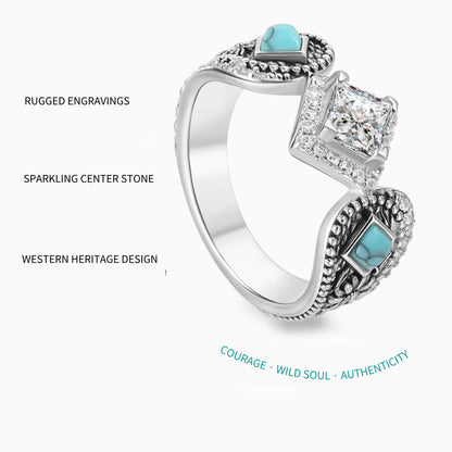 Flower Engraved Princess Cut Western Turquoise Engagement Ring