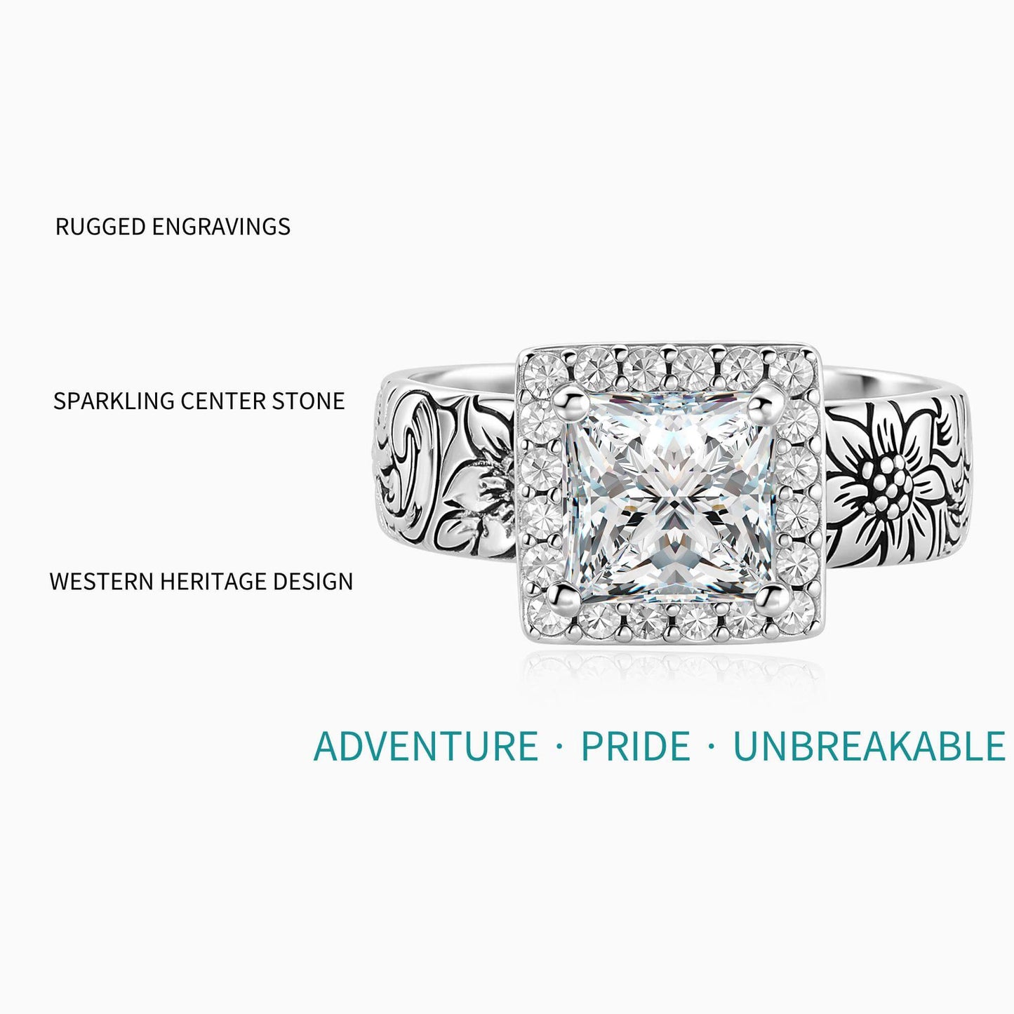 Western Square Engraved Flower Women Engagement Ring with Diamond Halo