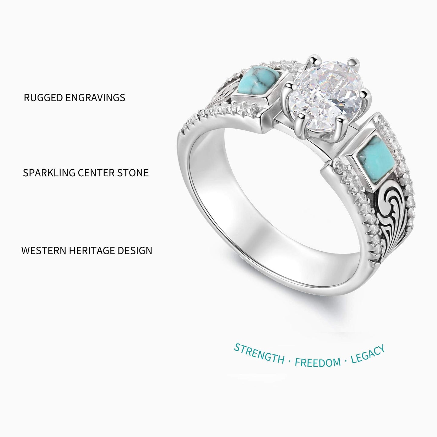 Western Symbol Oval Diamond Wide Band Engagement Rings with Turquoise