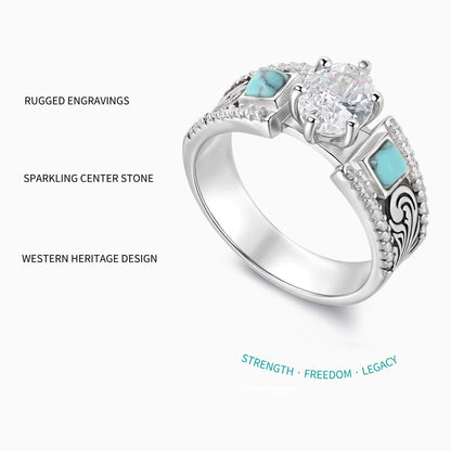 Western Symbol Oval Diamond Wide Band Engagement Rings with Turquoise