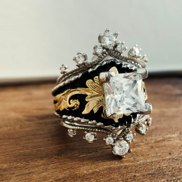 Princess Cut Vintage Engagement Ring – Gothic Crown Gold and Silver Band