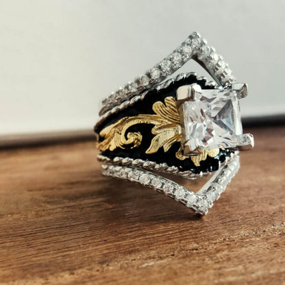 Princess Cut Vintage Engagement Ring – Western Gold Leaf Black Enamel Band
