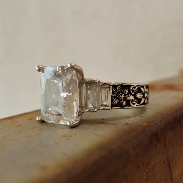 Daisy Flower Engraved Emerald Cut Western Engagement Ring