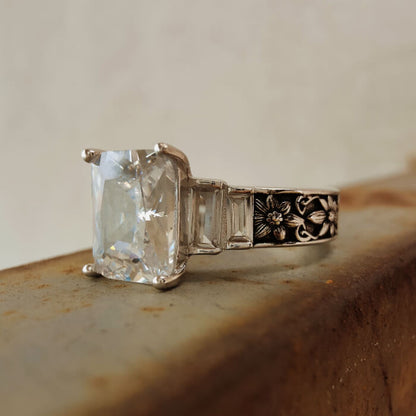 Daisy Flower Engraved Emerald Cut Western Engagement Ring