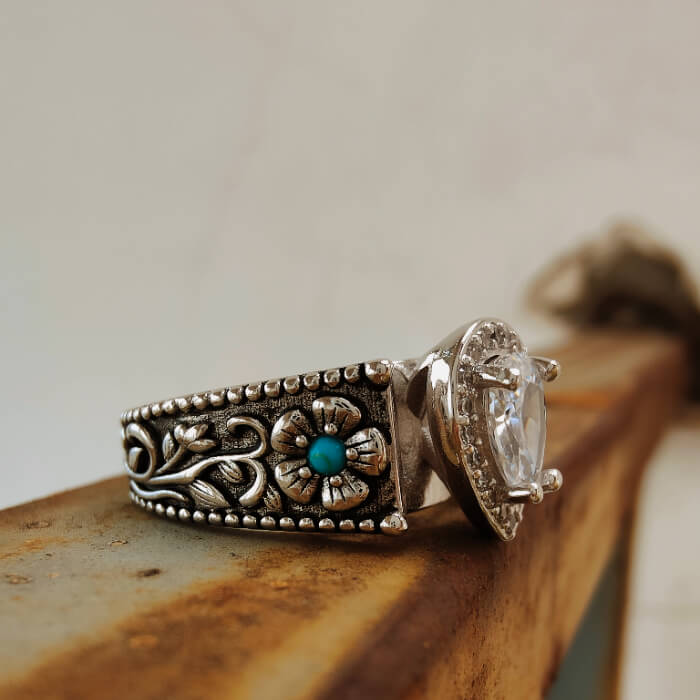 Western Plant Engraved Round Turquoise Pear Diamond Rings