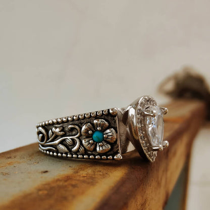 Western Plant Engraved Round Turquoise Pear Diamond Rings
