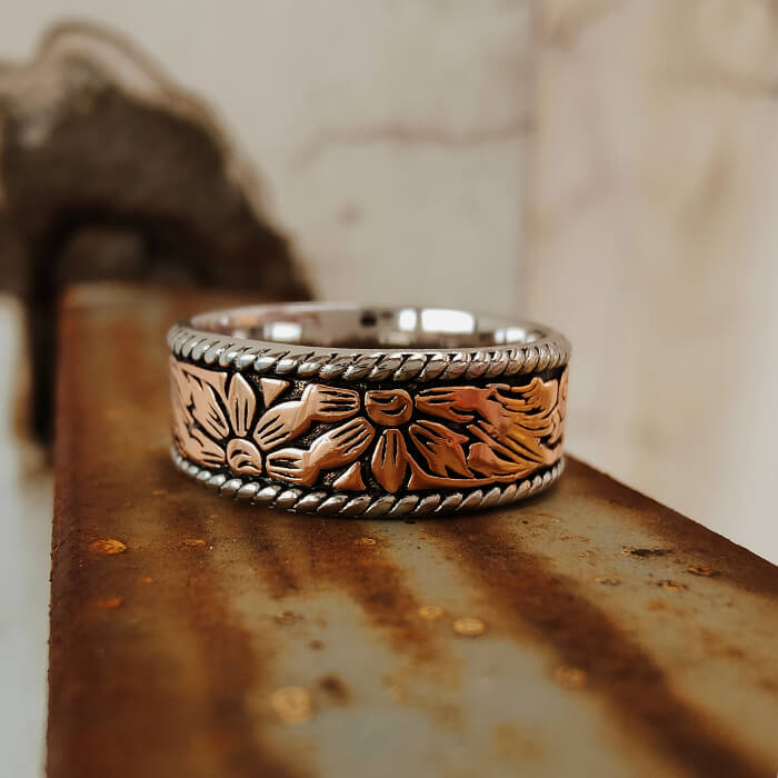 8mm Rose Gold Flower Western Style Band Rings