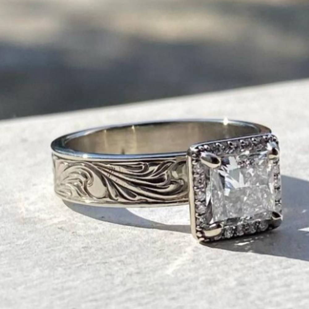 Flower Engraved Square Western Diamond Ring
