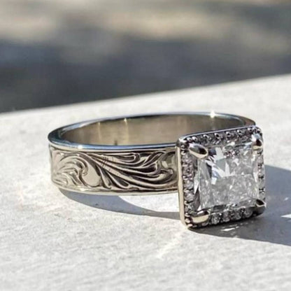 Flower Engraved Square Western Diamond Ring