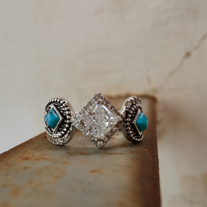 Flower Engraved Princess Cut Western Turquoise Engagement Ring