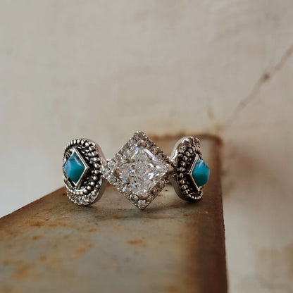 Flower Engraved Princess Cut Western Turquoise Engagement Ring