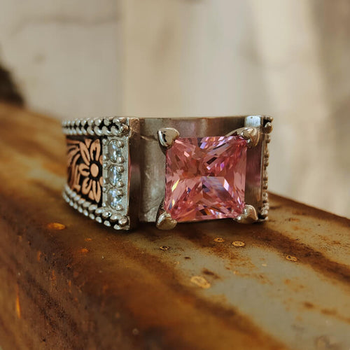 Women Rope Edge Flower Pink Princess Cut Western Style Wedding Rings