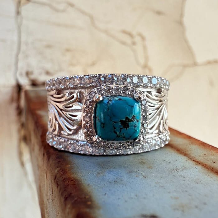 Diamond Engraved Turquoise Western Wedding Ring for Women