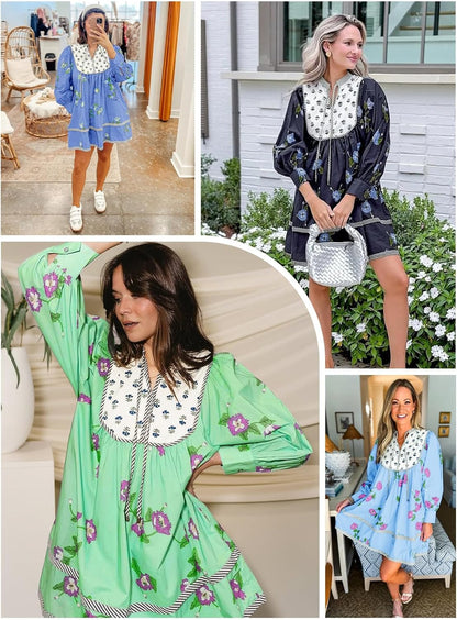 Womens Casual Floral Mini Dress 2025 Fall Long Sleeve V Neck Patchwork Loose Boho Shirt Dresses