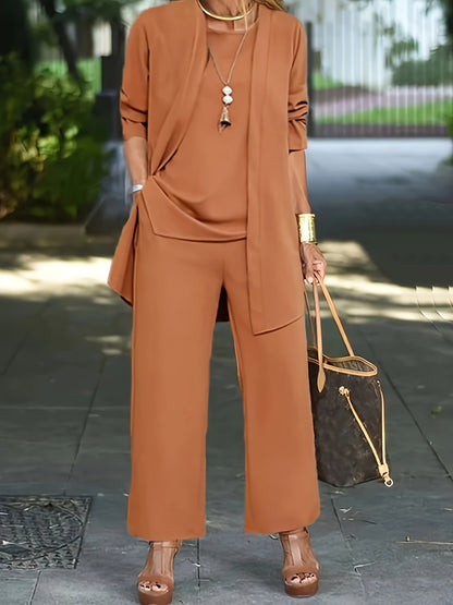 ⏰ LAST DAY SAVE 50% 💥2025 Casual Three-piece Solid Set, Long Sleeve Cardigan & Top & Long Pants Outfits