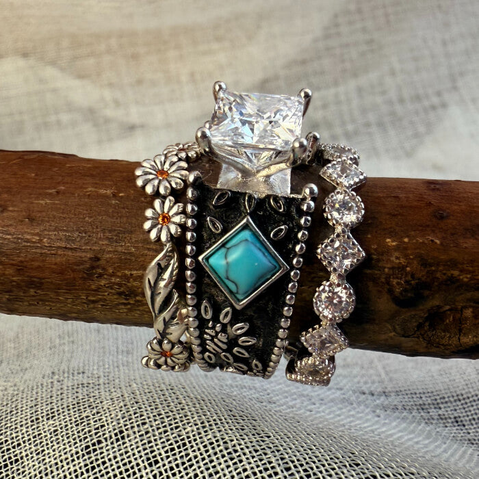 3pc Vintage Flower Engraved Princess Diamond Western Wedding Ring for Women