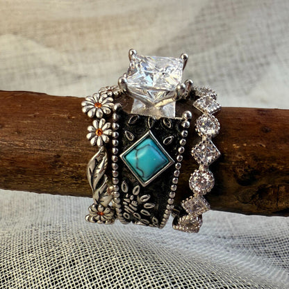 3pc Vintage Flower Engraved Princess Diamond Western Wedding Ring for Women