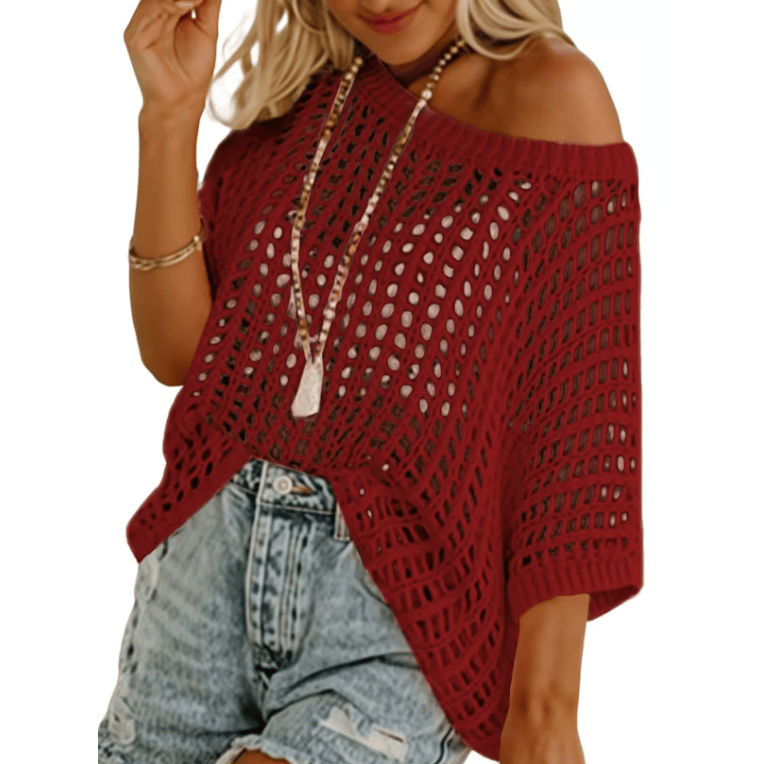 🎁 Womens Summer Scoop Neck Short Sleeve Sweater Casual Crochet Hollow Out Knit Tops Pullover Shirts Beach Coverup