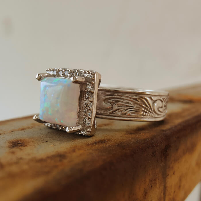 Western Square Blue Opal Diamond Engagement Rings