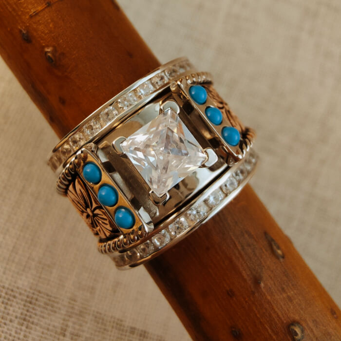 3pc Sterling Silver Western Turquoise and Diamond Ring