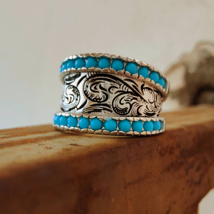 Women Western Flower Turquoise Band Rings for Women
