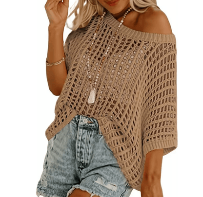 🎁 Womens Summer Scoop Neck Short Sleeve Sweater Casual Crochet Hollow Out Knit Tops Pullover Shirts Beach Coverup
