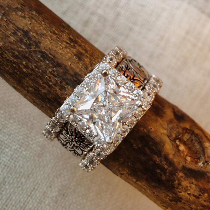 3pc Vintage Engtaved Flower Princess Diamond Western Rings