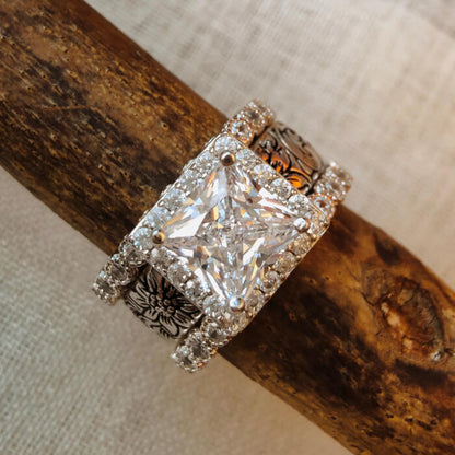 3pc Vintage Engtaved Flower Princess Diamond Western Rings