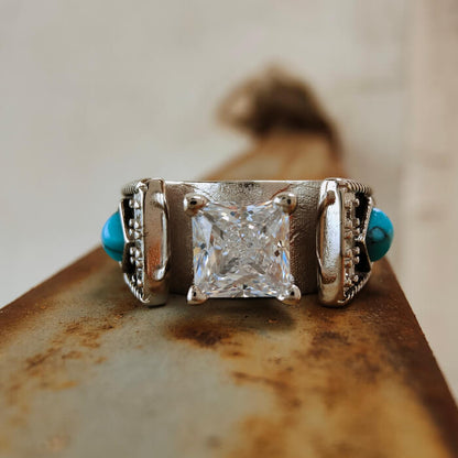 Western Diamond Sunflower Engraved Square Turquoise Engagement Rings