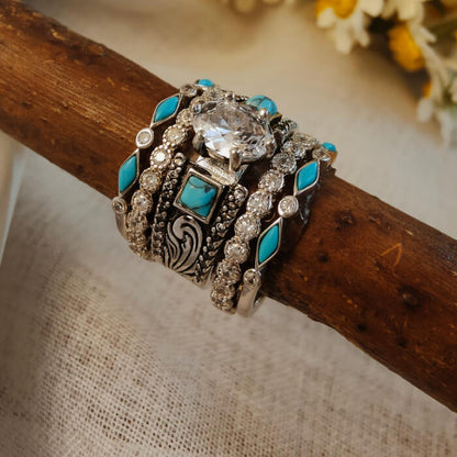 5pc Oval Cut VintageWestern Turquoise Wide Band Wedding Ring Set