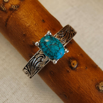 Flower Engraved Oval Nature Turquoise Western Ring