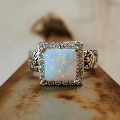Western Flower Engraved Square White Opal Diamond Engagement Rings