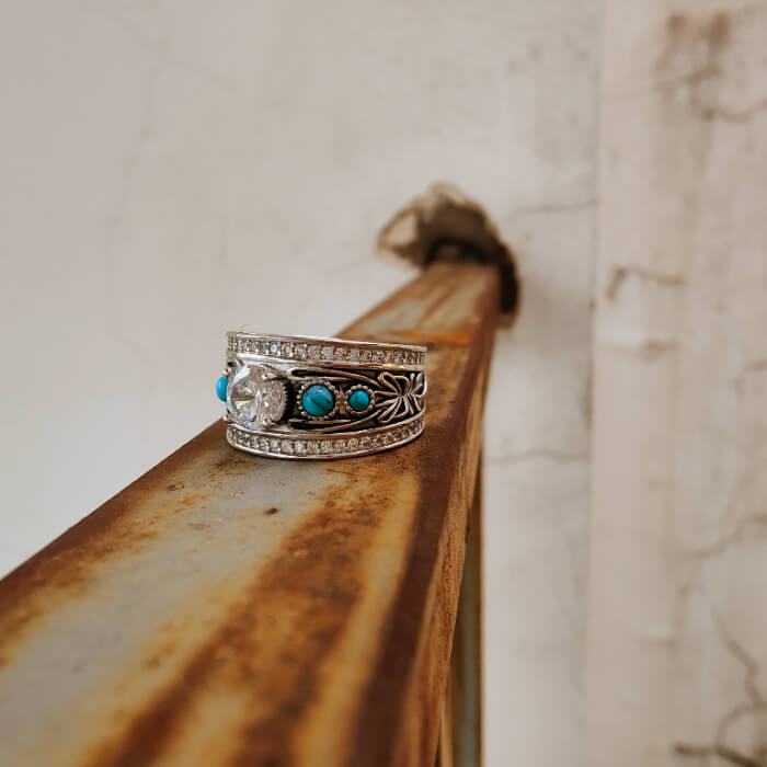 Western Plant Engraved Round Turquoise Engagement Rings