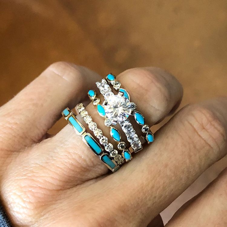 4pc Sterling Silver Band Vintage Turquoise Engagement Ring Sets