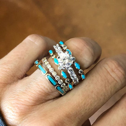 4pc Sterling Silver Band Vintage Turquoise Engagement Ring Sets