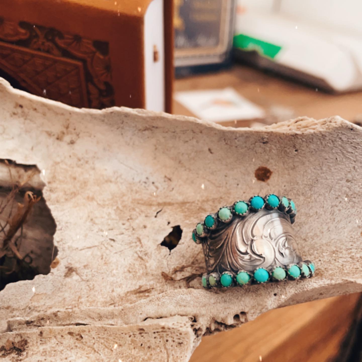 Engraved Wide Band Western Turquoise Ring For Women