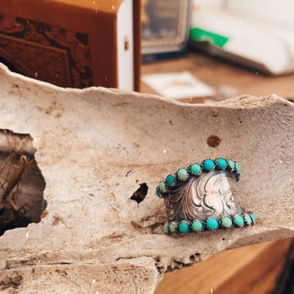 Engraved Wide Band Western Turquoise Ring For Women