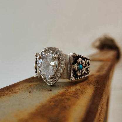 Western Plant Engraved Round Turquoise Pear Diamond Rings