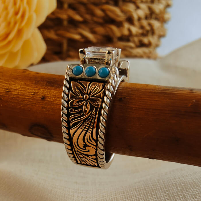 3pc Sterling Silver Western Turquoise and Diamond Ring
