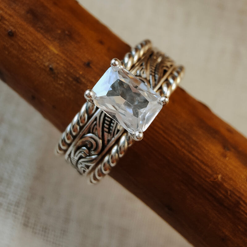 3pc Silver Twist Band Emerald Diamond Western Wedding Ring Set