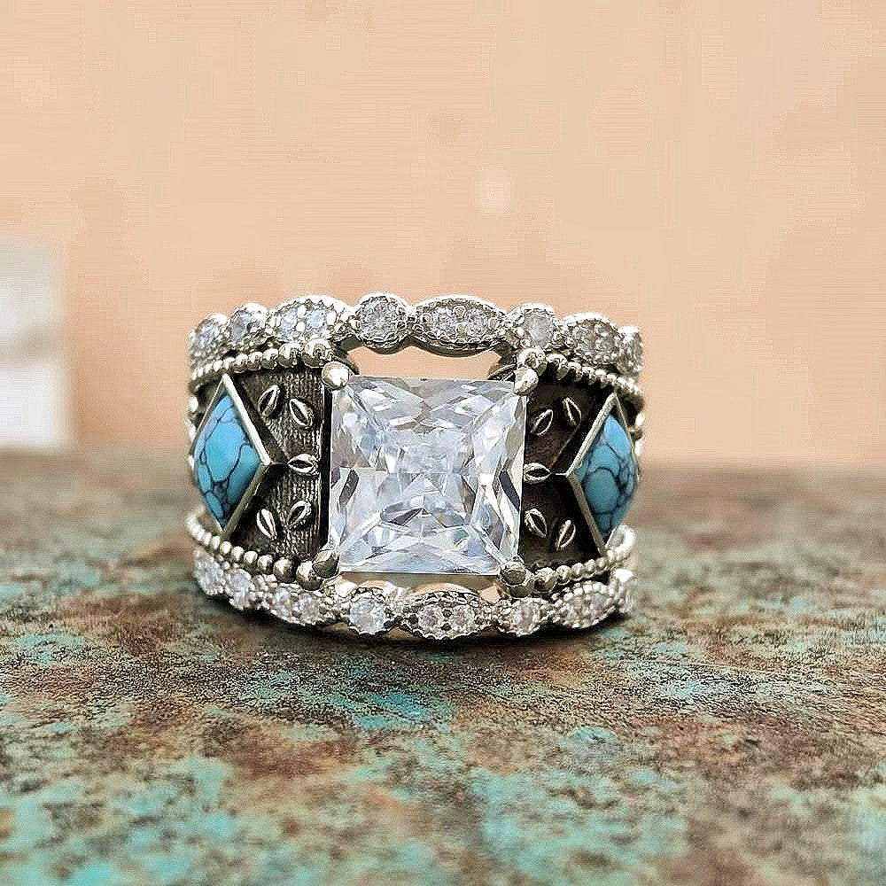 3pc Diamond Sterling Silver Vintage Turquoise Ring Set