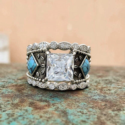 3pc Diamond Sterling Silver Vintage Turquoise Ring Set