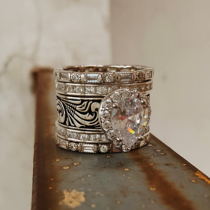 5pc Vintage Flower Pear Cut Promise Western Style Rings