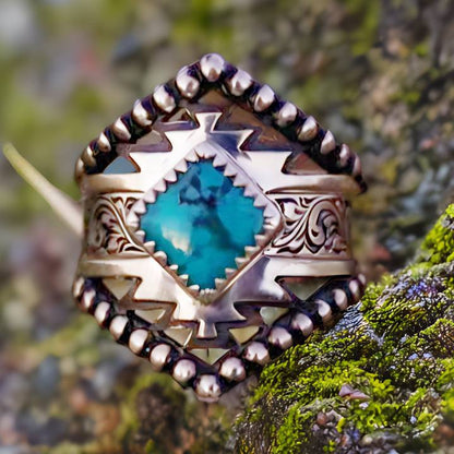 Western Engraved Symbol Square Cut Turquoise Ring