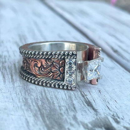 Retro Two- Color Flower Wide Band Square Diamond Ring