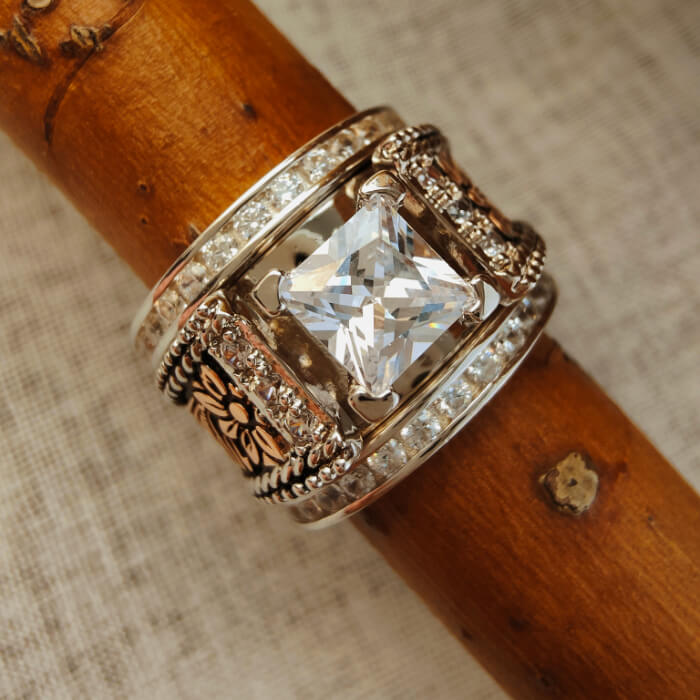 3pc Sterling Silver Flower Engraved Diamond Western Engagement Rings