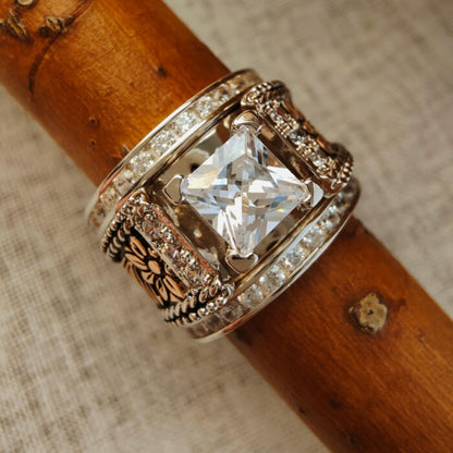 3pc Sterling Silver Flower Engraved Diamond Western Engagement Rings