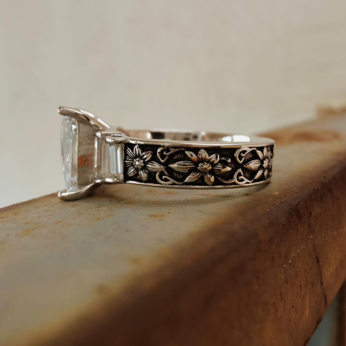 Daisy Flower Engraved Emerald Cut Western Engagement Ring