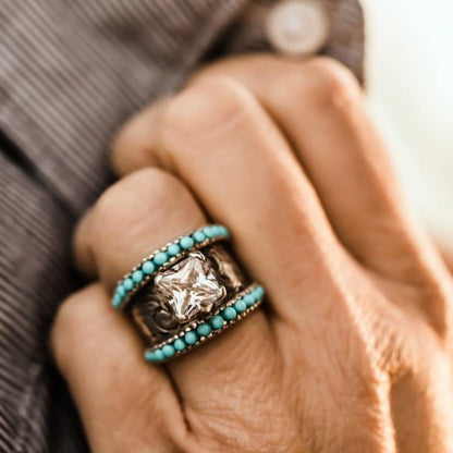 Turquoise Wedding Ring Flower Engraved Band Rings