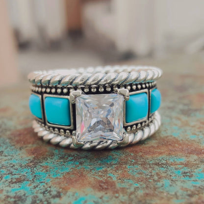 Square Engraved Vintage Turquoise Diamond Ring